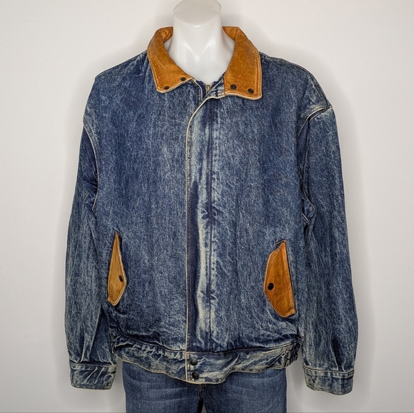 Vintage Essentials Blue Brown Cotton Leather Distressed Faded Denim Jacket XL - Picture 1 of 7